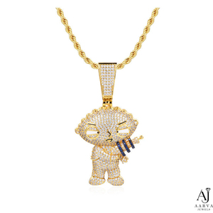 Collier pendentif breloque dessin animé personnalisé, perle d'eau douce micro-incrustée, moissanite, argent plaqué or, hip-hop unisexe, tiers - Product Image 3