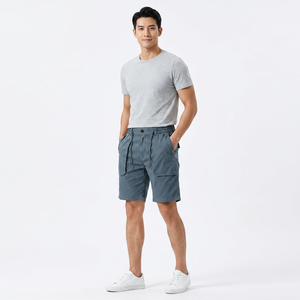 Shorts décontractés pour hommes en tissu Oxford uni, taille élastique, respirants, mi-longs, avec poches - Product Image 3