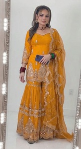Ensemble Salwar Kameez trois pièces pour femme, tissé et brodé, jaune, avec haut court et dupatta, idéal pour les mariages et les festivals - Product Image 5