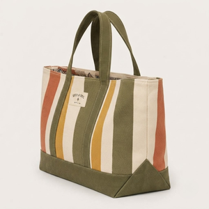 Multi Stripe Cotton <b>Canvas</b> Vintage Tote Bag Eco Friendly Large Capacity Custom Size Olive Green Trim Shoulder Handbag Reusable - Product Image 3