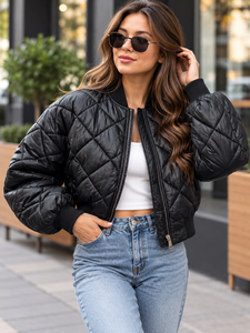 <b>Women</b> Quilted Jacket Stand Collar Zip Up Short <b>Coats</b> with Pockets Cropped Winter <b>Women's</b> Bomber Jackets Outdoor Wear Jacket - Product Image 1