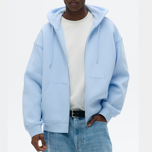 Sudadera con Capucha Azul Claro para Hombre, Cierre de Cremallera, Corte Holgado, Informal, Tejido de Algodón y Felpa, Color Sólido, Transpirable, para Otoño - Product Image 1
