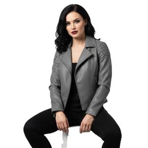 Veste de moto en cuir gris pour femmes, vente en gros personnalisée, prix d'usine, style motard authentique, manteau tendance, service OEM ODM - Product Image 1