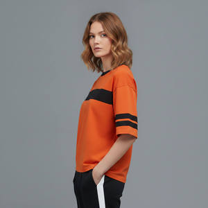 Customized Women's Orange Short Sleeve Crew Neck T-<b>Shirt</b> With Black Stripes And <b>Flame</b> Logo Print Loose Fit Casual Spring Summer - Product Image 6