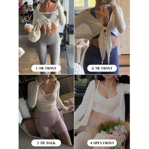 Women <b>Black</b> <b>Long</b> <b>Sleeve</b> <b>Crop</b> Top Deep V Neck Self-Tie Bow Solid Color Yoga Shirt Regular Fit Full <b>Sleeve</b> Activewear - Product Image 6
