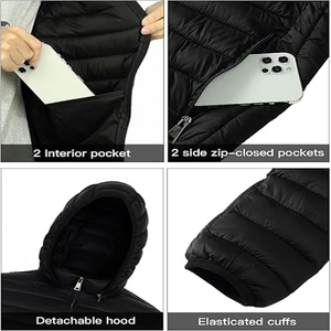 Veste matelassée à capuche noire pour homme, fermeture éclair, coupe-vent, décontractée, hiver, couleur unie, polyester, coupe ajustée, longueur normale - Product Image 5