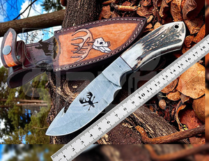 Couteau de chasse OEM Wirecut en acier Damas, couteau à dépecer, manche en bois de cerf, lame fixe, couteau de camping et d'extérieur EDC avec étui en cuir - Product Image 5