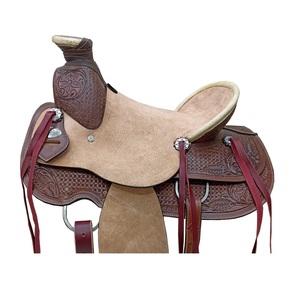 Silla de montar western de cuero rugoso color canela con diseño floral grabado a mano, asiento rígido, correas de latigo y juego de arreos, 10-18 pulgadas - Product Image 3
