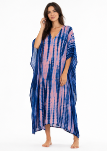 Pure Cotton Blue Pink Tie Dye Handmade Eco-Friendly Boho <b>Kaftan</b> Maxi Dress Women V Neck <b>Beach</b> Cover Modern Fit All Seasons - Product Image 2