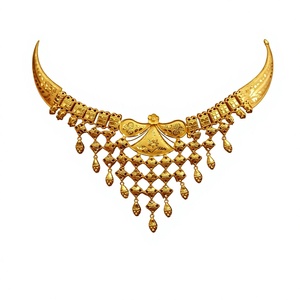 22K Solid Gold Bridal Necklace Traditional Indian Jewelry Handcrafted Fan Pendant Design With Hanging <b>Beads</b> For Women - Product Image 1