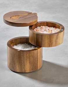 Salero de madera hecho a mano con tapa giratoria y cuchara |   Caja de Almacenamiento Doble de Madera para Sal y Pimienta |   Fabricante OEM al por Mayor - Product Image 1