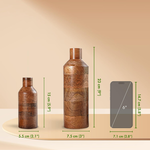 Vase à fleurs en bois sculpté à la main, design rond, ensemble de 2 vases en bois de manguier en forme de bouteille pour la décoration de la maison - Product Image 6