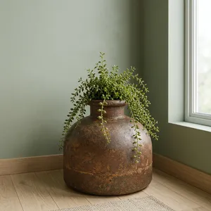 Pot de fleurs circulaire vintage en fer Matka, vase rustique, jardinière écologique JANGID ART CRAFTS IPL-017, pour entrée de maison ou jardin, style Rajasthan - Product Image 5