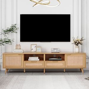 Mueble de TV Moderno Estilo Farmhouse para Televisores de hasta 85 Pulgadas, Centro de Entretenimiento de Madera Sólida con Patas de Madera Sólida y Ratán, Gabinete de Madera Sólida por Li - Product Image 2