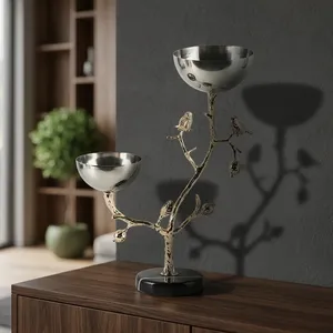 <b>Bird</b> Branch Decorative Metal Serving Bowl <b>Stand</b> Silver Gold Finish Fruit Dry Fruit Snack Bowl for Home Decor - Product Image 6