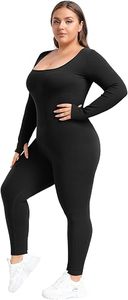 Best Women Seamless Ribbed Full Length <b>Bodysuit</b> <b>Square</b> <b>Neck</b> High Waist Plus Size Activewear Set Black Long Sleeve Stretchy Fit - Product Image 4