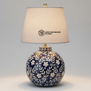 Lámpara de Mesa Artesanal con Incrustaciones de Hueso Azul y Patrón Floral, Lámpara Decorativa de Lujo para Mesita de Noche con Pantalla de Tela para Hogar y Hotel - Product Image 1