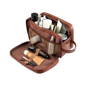 Leather <b>Toiletry</b> Bag Rectangle Classic Durable Brass Zipper <b>Storage</b> Bag for Bathroom Use - Product Image 2