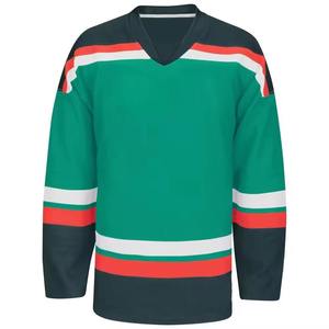 Maillot de hockey sur glace vert pour homme, col en V, manches longues, color-block, sublimé, respirant, en maille - Product Image 2