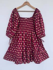 Floral Print Boho Maxi <b>Dress</b> Long Sleeves V-neck <b>Ruffle</b> Hem Modern Fit A-Line Natural Sweet Washable Summer Casual Hand Block - Product Image 1