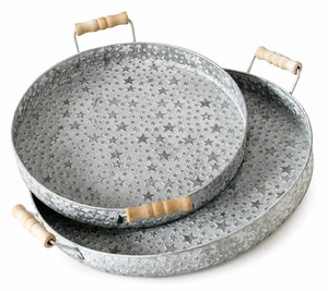 Embossed stars Round Metal <b>Serving</b> <b>Tray</b> with Wooden Handles for <b>party</b> and festival - Product Image 2