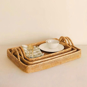 Wholesale High Quality Handcrafted Natural Rattan Rectangular Tray Set Woven Serving Tray with Handles Suitable For Coffee Table - Product Image 3
