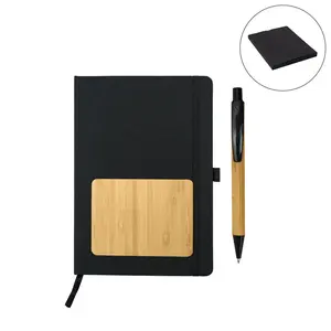 Ensemble de carnet en bambou RPET de style minimaliste avec stylo, couverture écologique, boîte coulissante en carton noir, type journal - Product Image 1