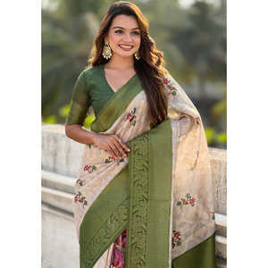 Sari de Noche de Seda Organza Verde con Estampado Floral Kalamkari Fusion de Elite Weaves, con Borde en Contraste Tejido con Zari y Base - Product Image 3