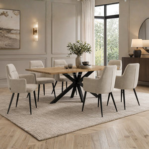 Modern <b>Dining</b> <b>Table</b> Set with 6 Upholstered Chairs Wood <b>Top</b> Black Metal Base Midcentury Design for Home Furniture - Product Image 1