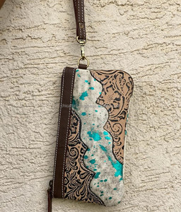 Pochette en cuir usiné portefeuille sac à main cheveux sur fourrure métallique pochette en cuir élégant couleur Turquoise portefeuilles Unique pour les femmes - Product Image 2