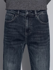 Jean décontracté pour homme coupe droite gris foncé délavé, style classique vintage streetwear, 100 % coton léger - Product Image 4