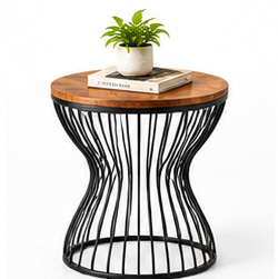 Table d'appoint en métal avec plateau en bois, installation autocollante, structure en fil métallique durable, table de bistrot, décoration moderne pour salon - Product Image 1