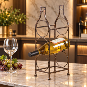 <b>Bottle</b> Silhouette Wine Holder with Round Cell Structure Bronze Metal Frame for 3 <b>Bottle</b> Countertop Bar Restaurant Storage - Product Image 1