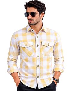 Camisa de Franela a Cuadros Blanca y Amarilla para Hombre, Manga Larga, con Botones, Informal, de Algodón, con Bolsillo, Estilo Urbano - Product Image 1