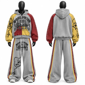 New Arrival <b>Tracksuit</b> Set Gray Red <b>Yellow</b> Hooded Full Length Loose Fit Streetwear Sweatshirt Pants With Drawstring Pockets - Product Image 1