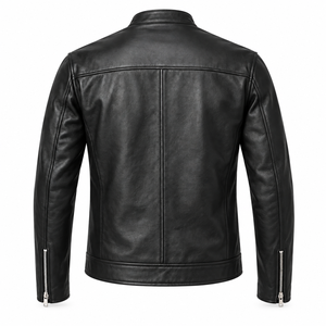 Veste noire Café Racer pour homme avec col à boutons-pression, quatre poches zippées, manches à empiècements, poignets zippés et style motard classique - Product Image 2