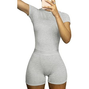 Conjunto de Yoga sin Costuras para Mujer, Cuello Redondo, Manga Corta, Pantalones Cortos de Cintura Alta, Color Sólido, Spandex y Algodón, 1 Pieza - Product Image 1