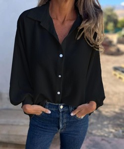 Chemisier uni à col rabattu pour femme, manches raglan, boutons sur le devant, printemps, été, automne - Product Image 3