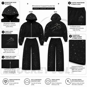 Custom unisex Black Rhinestone Cropped Zip Up Hoodie Wide Leg Tracksuit Set <b>Sparkle</b> Fleece <b>Jacket</b> Wide Leg Pants Outfit - Product Image 3