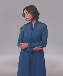 Elegante Vestido Largo Informal Estilo Occidental en Georgette Azul con Diseño Frontal y Prenda Ligera para Uso Diario y Oficina - Product Image 1