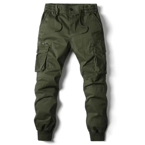 Pantalon cargo décontracté en jean pour homme, taille mi-haute avec cordon de serrage et poches, design tissé léger et uni - Product Image 2