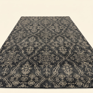 Tapis géométrique moderne antidérapant en laine écologique noir anthracite et beige à motif treillis pour salon et hôtel - Product Image 2