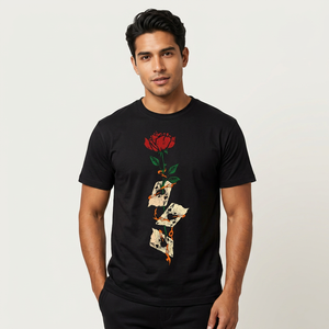 T-shirt noir pour homme avec imprimé rose rouge et cartes à jouer, manches courtes, col rond, design floral décontracté, coupe classique - Product Image 6