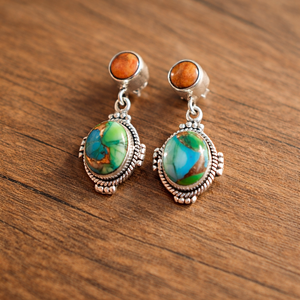 Boucles d'oreilles pendantes artisanales en turquoise bleue et turquoise orange, en argent sterling 925, style bohème |   Bijoux Artisanaux - Product Image 5