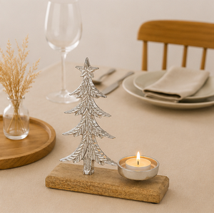 Handmade Silver Aluminum Christmas <b>Tree</b> Candle Holder With Natural Mango Wood Base Premium Tealight Stand For Festive <b>Tabletop</b> - Product Image 4