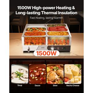 Scaldavivande Elettrico Commerciale 1500W in Acciaio Inox, Riscaldamento Rapido, Buffet da Banco con Coperchio Riscaldante a Vapore - Product Image 2