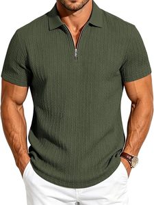 Chemises polo à col zippé pour hommes, décontractées, en maille texturée, à manches courtes, pour l'été, la plage, les vacances, extensibles, pour le golf - Product Image 5
