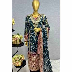 Azul marinho Georgette bordado seqüência trabalho superior e inferior com Dupatta atraente para máquinas do bordado