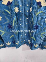 Jaket Kerah Mandarin Beludru Bordir Bunga Kuning dan Daun Hijau Lengan Panjang Mantel Wanita Musim Gugur