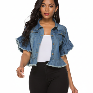 Veste en jean pour femme avec volants, manches évasées, col rabattu, coupe courte, décontractée, printemps, bleu délavé - Product Image 1